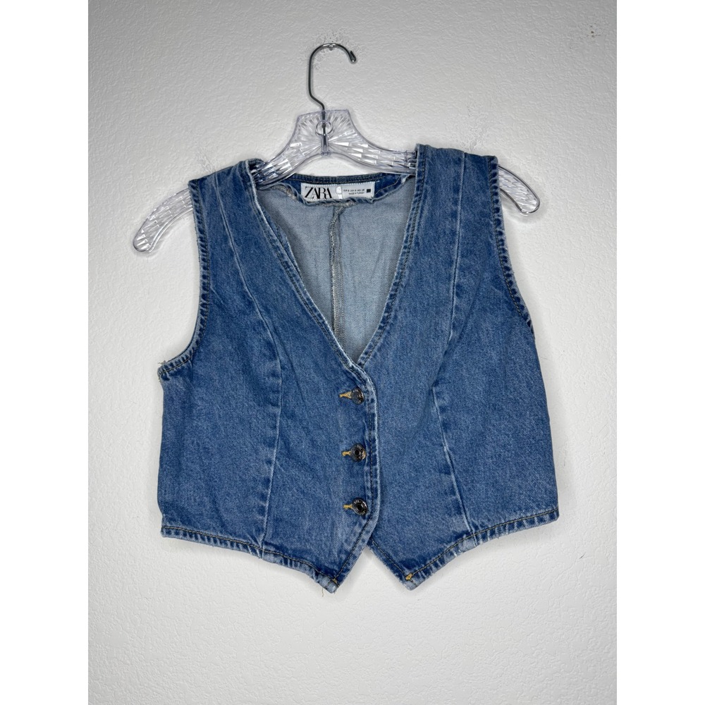 Zara Women Blue Denim Waistcoat Cropped V-Neck Button Front Vest Small H27